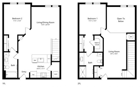 Floor plan for 2 beds, 2 baths, 1628 sqft